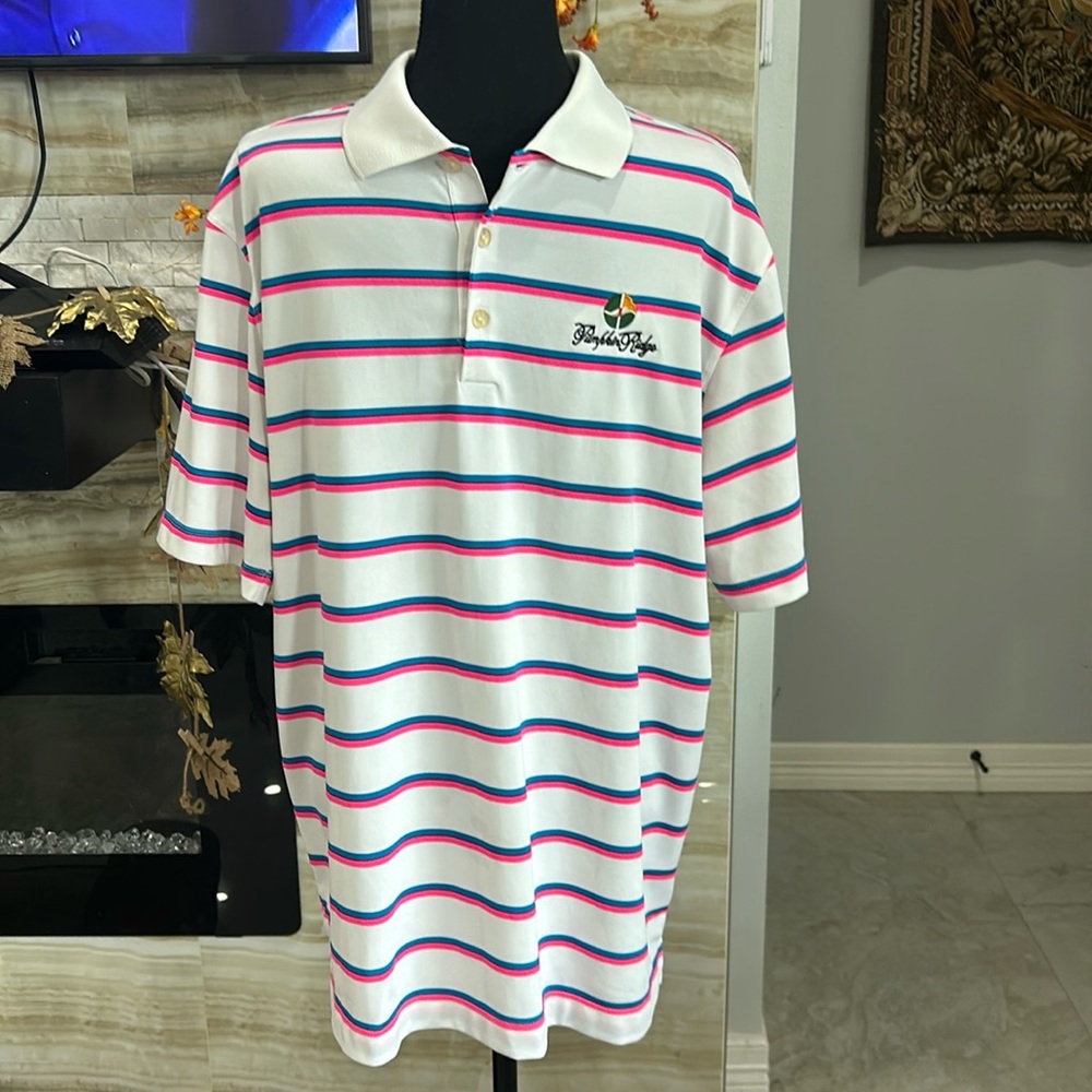 Nike Golf Pink & White Striped Golf Poli Shirt. Pumpkin Ridge. Size L (798EM)